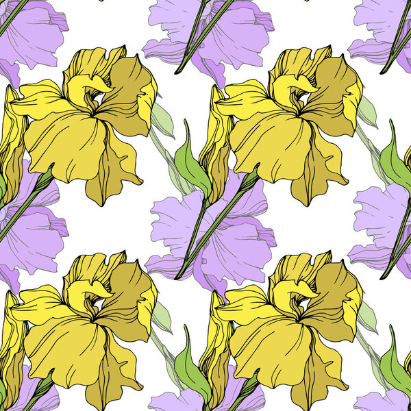 Vector isolated purple and yellow irises. Seamless background pattern. Fabric wallpaper print texture.