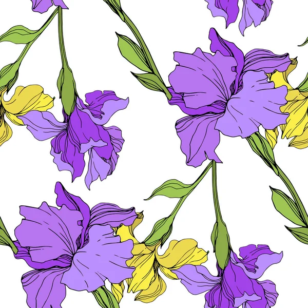 Vektör mor ve sarı süsen izole. Sorunsuz arka plan deseni. Kumaş duvar kağıdı yazdırma doku.