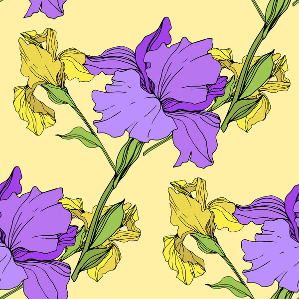 Vector isolated purple and yellow irises. Seamless background pattern. Fabric wallpaper print texture.