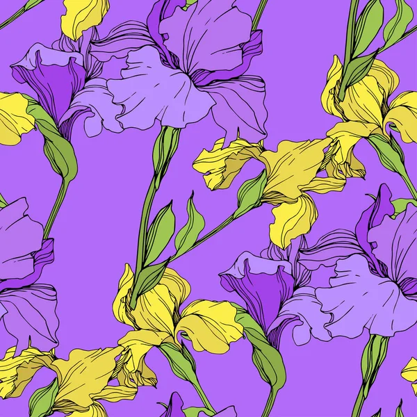 Vector Isolated Purple Yellow Irises Seamless Background Pattern Fabric Wallpaper — Stock Vector