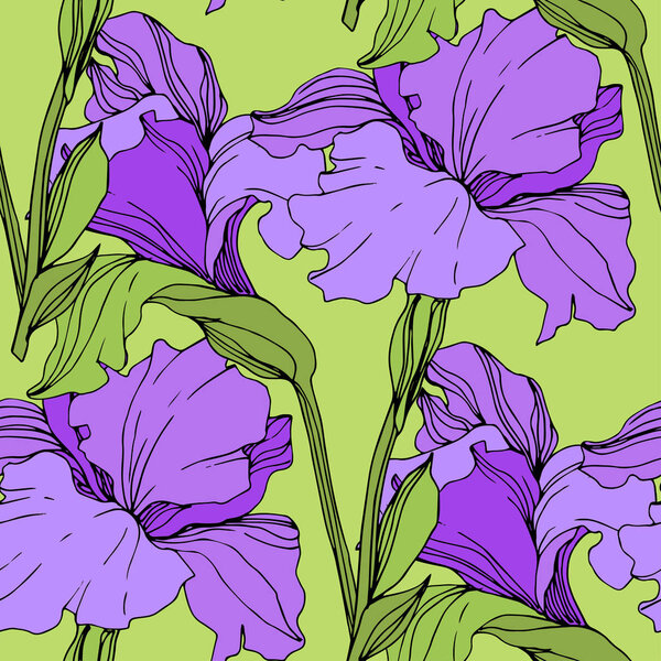 Vector isolated purple irises. Seamless background pattern. Fabric wallpaper print texture.