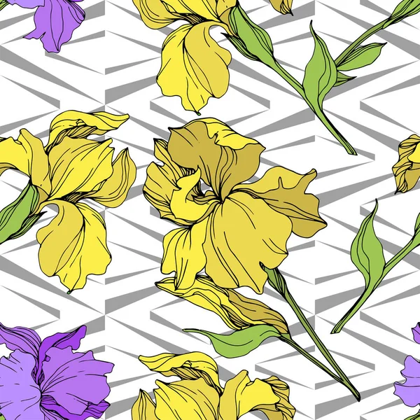 Vector Isolated Purple Yellow Irises Seamless Background Pattern Fabric Wallpaper — Stock Vector