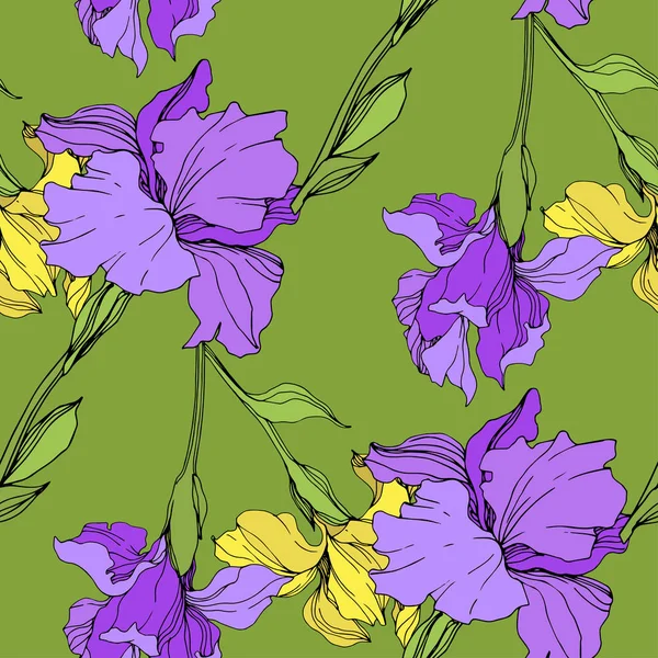 Vector Isolated Purple Yellow Irises Seamless Background Pattern Fabric Wallpaper — Stock Vector