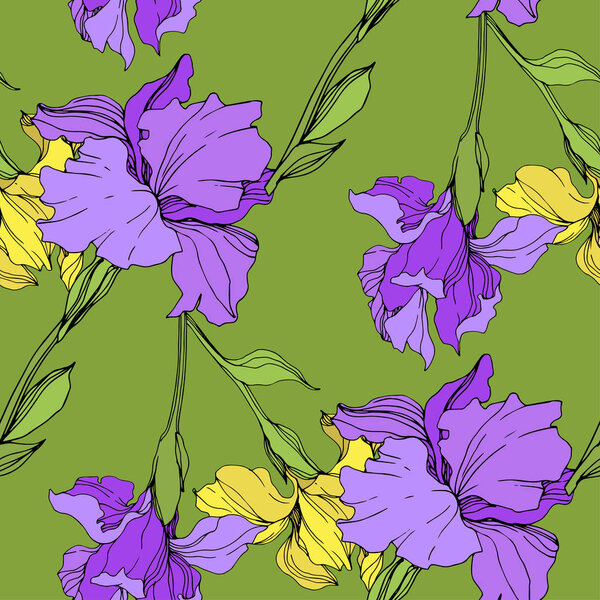 Vector isolated purple and yellow irises. Seamless background pattern. Fabric wallpaper print texture.