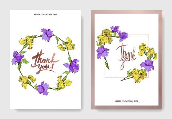 Vector Elegant Wedding Invitation Cards Yellow Purple Irises — Stock Vector