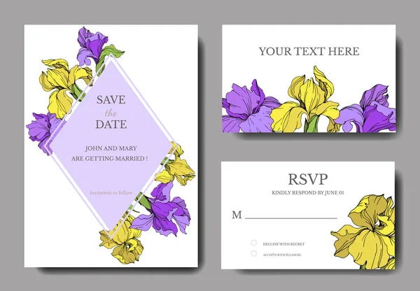 Vector Elegant Wedding Invitation Cards Yellow Purple Irises — Stock Vector