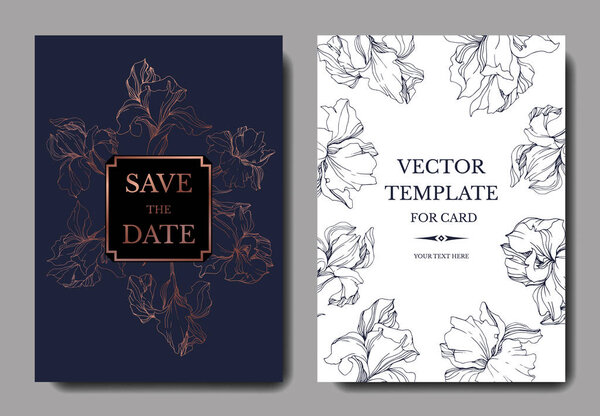 Vector elegant wedding invitation cards with yellow and purple irises.