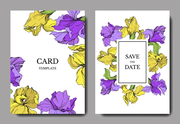 Vector Elegant Wedding Invitation Cards Yellow Purple Irises — Stock Vector