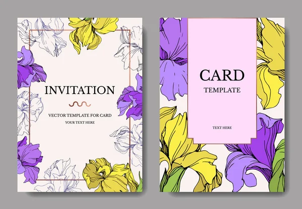 Vector Elegantes Tarjetas Invitación Boda Con Iris Amarillo Púrpura — Archivo Imágenes Vectoriales