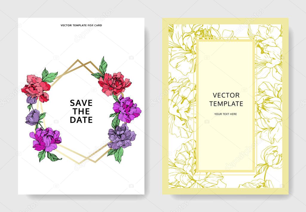 Vector wedding elegant invitation cards with purple, yellow and living coral peonies on white background with save the date and thank you inscriptions.