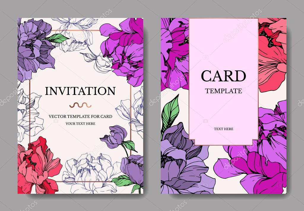 Vector wedding elegant invitation cards with purple and living coral peonies on beige background.