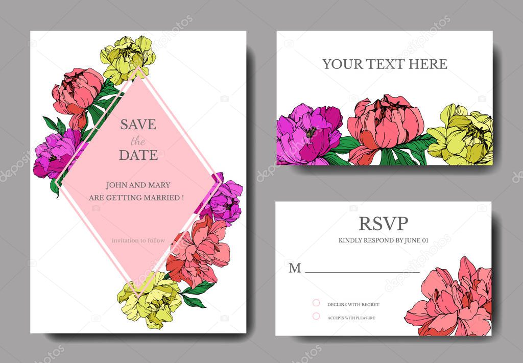 Vector wedding elegant invitation cards with purple, yellow and living coral peonies illustration on white background.