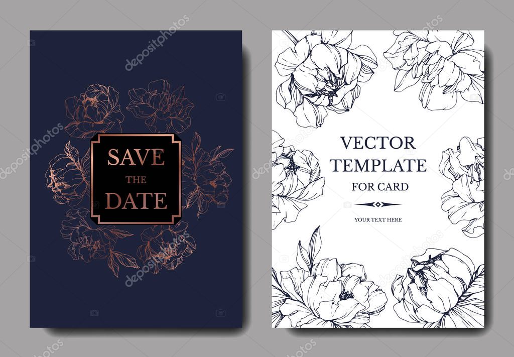 Vector wedding elegant dark blue and white invitation cards with peonies illustration.