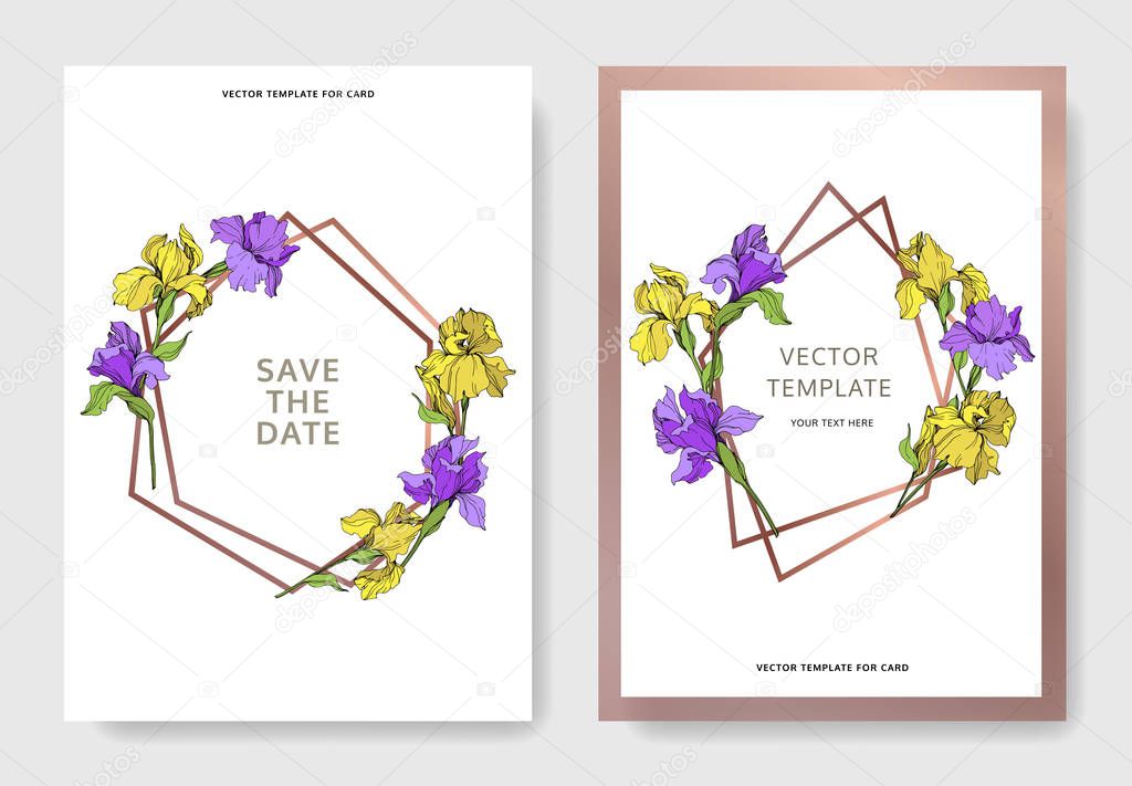 Vector elegant wedding invitation cards with yellow and purple irises.