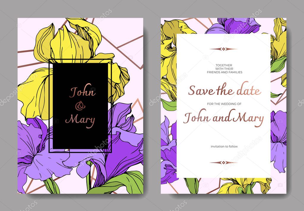 Vector elegant wedding invitation cards with yellow and purple irises.