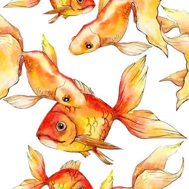 Sulu boya su renkli goldfishes üzerinde beyaz illüstrasyon izole ayarlayın. Sorunsuz arka plan deseni. Kumaş duvar kağıdı yazdırma doku.
