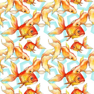 Sulu boya su renkli goldfishes geometrik şekiller üzerinde beyaz illüstrasyon izole ile ayarlayın. Sorunsuz arka plan deseni. Kumaş duvar kağıdı yazdırma doku.