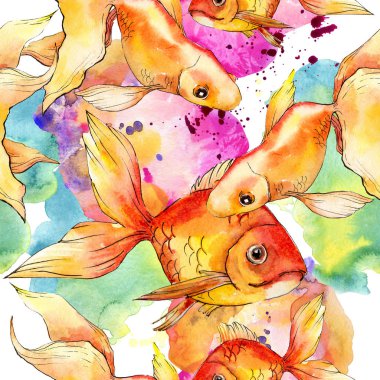 Renkli soyut çizim ile sulu boya su renkli goldfishes. Sorunsuz arka plan deseni. Kumaş duvar kağıdı yazdırma doku.