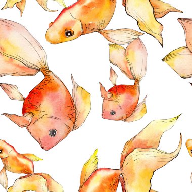 Sulu boya su renkli goldfishes üzerinde beyaz illüstrasyon izole ayarlayın. Sorunsuz arka plan deseni. Kumaş duvar kağıdı yazdırma doku.