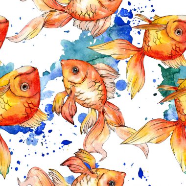 Renkli soyut çizim ile sulu boya su renkli goldfishes. Sorunsuz arka plan deseni. Kumaş duvar kağıdı yazdırma doku.