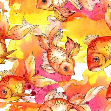 Renkli soyut çizim ile sulu boya su renkli goldfishes. Sorunsuz arka plan deseni. Kumaş duvar kağıdı yazdırma doku.