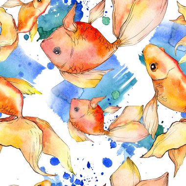Renkli soyut çizim ile sulu boya su renkli goldfishes. Sorunsuz arka plan deseni. Kumaş duvar kağıdı yazdırma doku.
