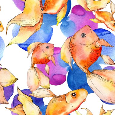 Renkli soyut çizim ile sulu boya su renkli goldfishes. Sorunsuz arka plan deseni. Kumaş duvar kağıdı yazdırma doku.