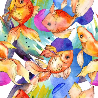 Renkli soyut çizim ile sulu boya su renkli goldfishes. Sorunsuz arka plan deseni. Kumaş duvar kağıdı yazdırma doku.
