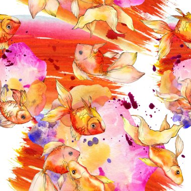 Renkli soyut çizim ile sulu boya su renkli goldfishes. Sorunsuz arka plan deseni. Kumaş duvar kağıdı yazdırma doku.
