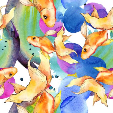 Renkli soyut çizim ile sulu boya su renkli goldfishes. Sorunsuz arka plan deseni. Kumaş duvar kağıdı yazdırma doku.