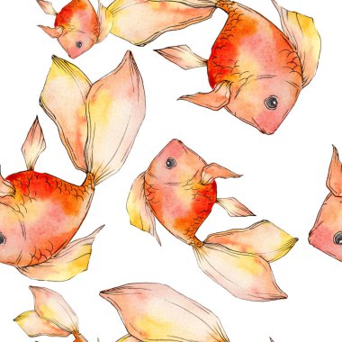 Sulu boya su renkli goldfishes üzerinde beyaz illüstrasyon izole ayarlayın. Sorunsuz arka plan deseni. Kumaş duvar kağıdı yazdırma doku.