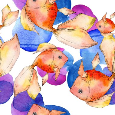 Renkli soyut çizim ile sulu boya su renkli goldfishes. Sorunsuz arka plan deseni. Kumaş duvar kağıdı yazdırma doku.