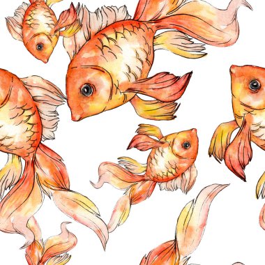 Sulu boya su renkli goldfishes üzerinde beyaz illüstrasyon izole ayarlayın. Sorunsuz arka plan deseni. Kumaş duvar kağıdı yazdırma doku.
