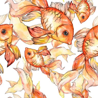 Sulu boya su renkli goldfishes üzerinde beyaz illüstrasyon izole ayarlayın. Sorunsuz arka plan deseni. Kumaş duvar kağıdı yazdırma doku.
