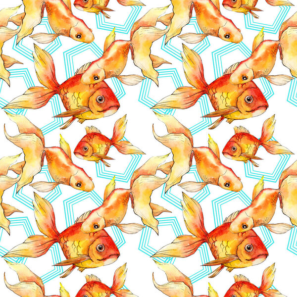 Watercolor aquatic colorful goldfishes with geometrical figures isolated on white illustration set. Seamless background pattern. Fabric wallpaper print texture.