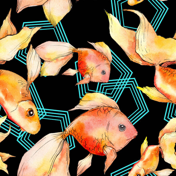 Watercolor aquatic colorful goldfishes isolated on black illustration set. Seamless background pattern. Fabric wallpaper print texture.