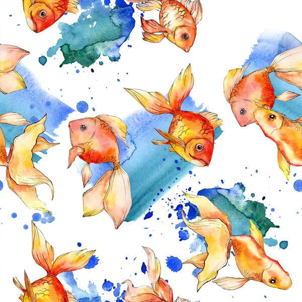 Watercolor aquatic colorful goldfishes with colorful abstract illustration. Seamless background pattern. Fabric wallpaper print texture.
