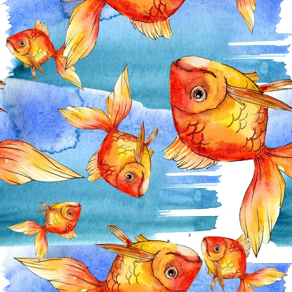 水彩水生五颜六色的金鱼与五颜六色的抽象插图 无缝的背景模式 织物壁纸打印纹理 — 图库照片