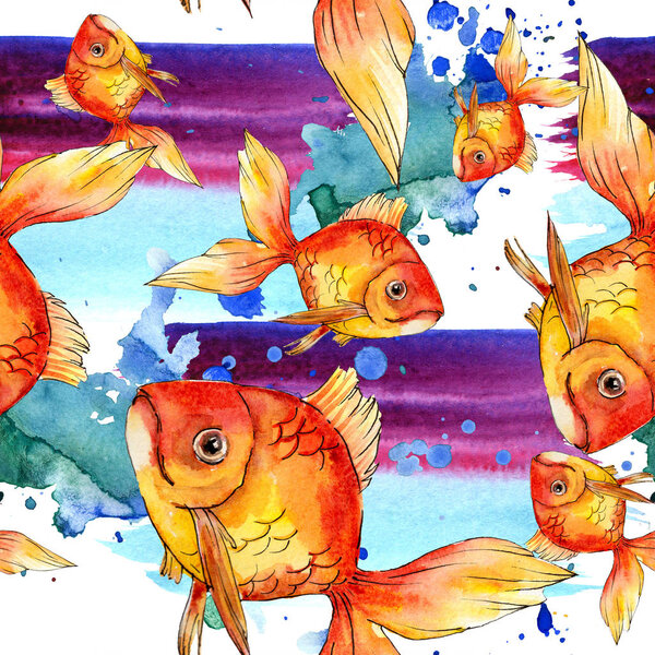 Watercolor aquatic colorful goldfishes with colorful abstract illustration. Seamless background pattern. Fabric wallpaper print texture.