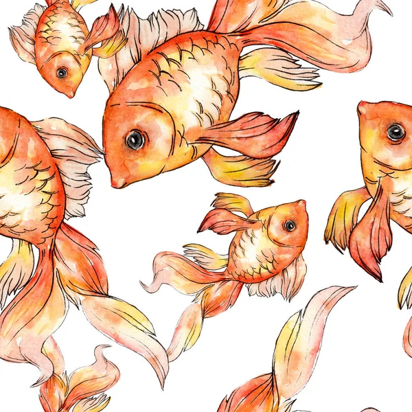 Watercolor Aquatic Colorful Goldfishes Isolated White Illustration Set Seamless Background — Stock Photo, Image