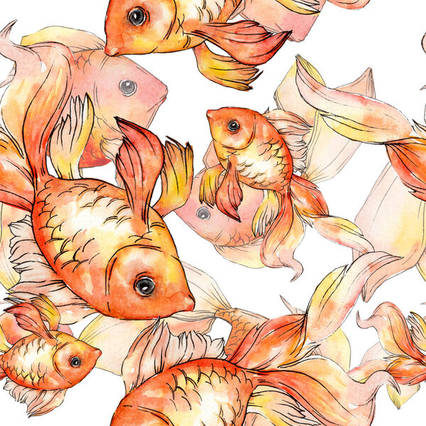 Watercolor aquatic colorful goldfishes isolated on white illustration set. Seamless background pattern. Fabric wallpaper print texture.