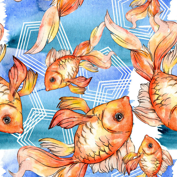 Watercolor aquatic colorful goldfishes with colorful abstract illustration. Seamless background pattern. Fabric wallpaper print texture.