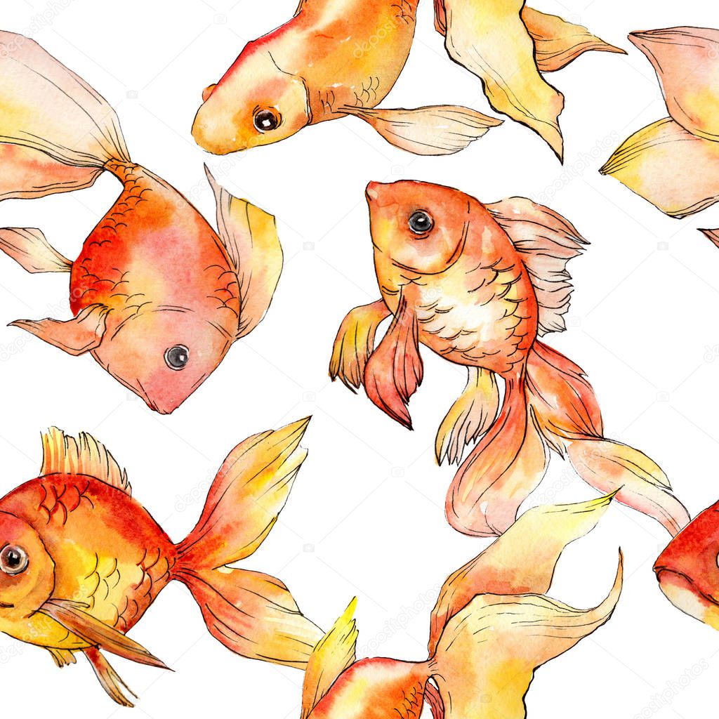 Watercolor aquatic colorful goldfishes isolated on white illustration set. Seamless background pattern. Fabric wallpaper print texture.