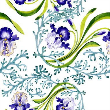 Mavi iris botanik çiçek. Vahşi bahar yaprak izole. Suluboya resim kümesi. Suluboya çizim moda aquarelle. Sorunsuz arka plan deseni. Kumaş duvar kağıdı yazdırma doku.