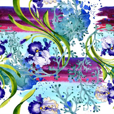 Mavi iris botanik çiçek. Vahşi bahar yaprak izole. Suluboya resim kümesi. Suluboya çizim moda aquarelle. Sorunsuz arka plan deseni. Kumaş duvar kağıdı yazdırma doku.