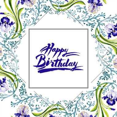 Mavi iris botanik çiçek. Vahşi bahar yaprak izole kır çiçeği. Suluboya arka plan illüstrasyon küme. Suluboya çizim moda aquarelle. Çerçeve kenarlığı süsleme Meydanı.