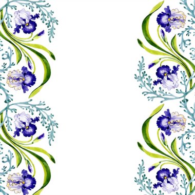 Mavi iris botanik çiçek. Vahşi bahar yaprak izole kır çiçeği. Suluboya arka plan illüstrasyon küme. Suluboya çizim moda aquarelle. Çerçeve kenarlığı süsleme Meydanı.