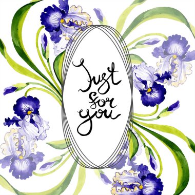 Mavi iris botanik çiçek. Vahşi bahar yaprak izole kır çiçeği. Suluboya arka plan illüstrasyon küme. Suluboya çizim moda aquarelle. Çerçeve kenarlığı süsleme Meydanı.