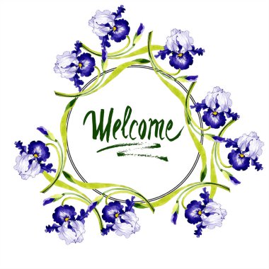 Mavi iris botanik çiçek. Vahşi bahar yaprak izole kır çiçeği. Suluboya arka plan illüstrasyon küme. Suluboya çizim moda aquarelle. Çerçeve kenarlığı süsleme Meydanı.