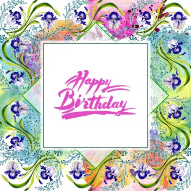 Mavi iris botanik çiçek. Vahşi bahar yaprak izole kır çiçeği. Suluboya arka plan illüstrasyon küme. Suluboya çizim moda aquarelle. Çerçeve kenarlığı süsleme Meydanı.